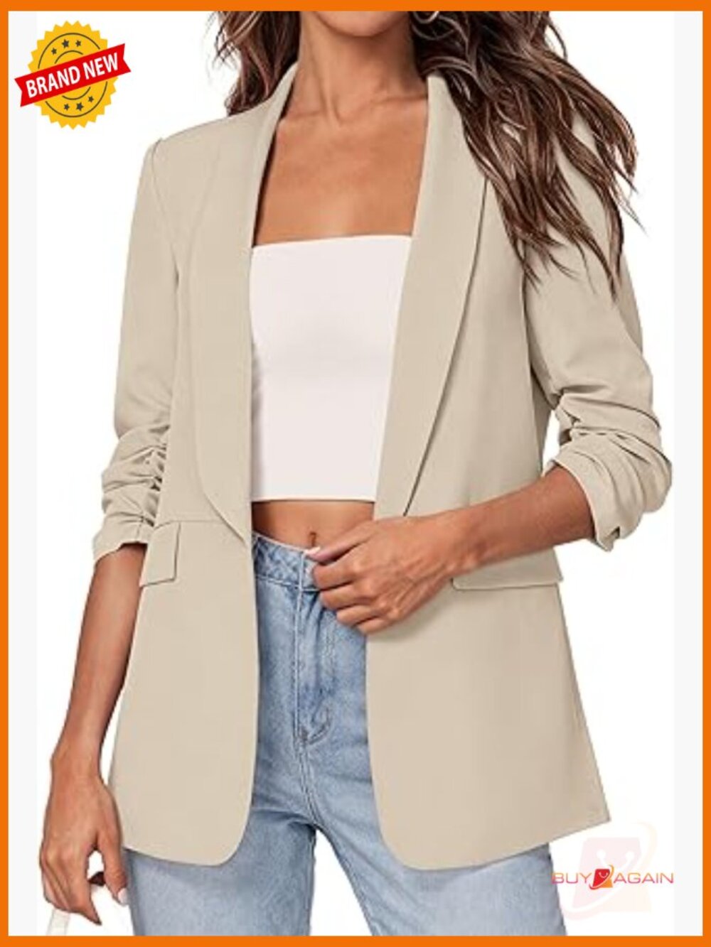 Womens Open Front Ruched 3/4 Sleeve Blazer Lightweight Business Casual Jacket
